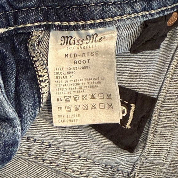 Miss Me Distressed Low Rise Boot Stretch Slim Fit Jeans w/Embellishments 29/30 - Picture 13 of 16